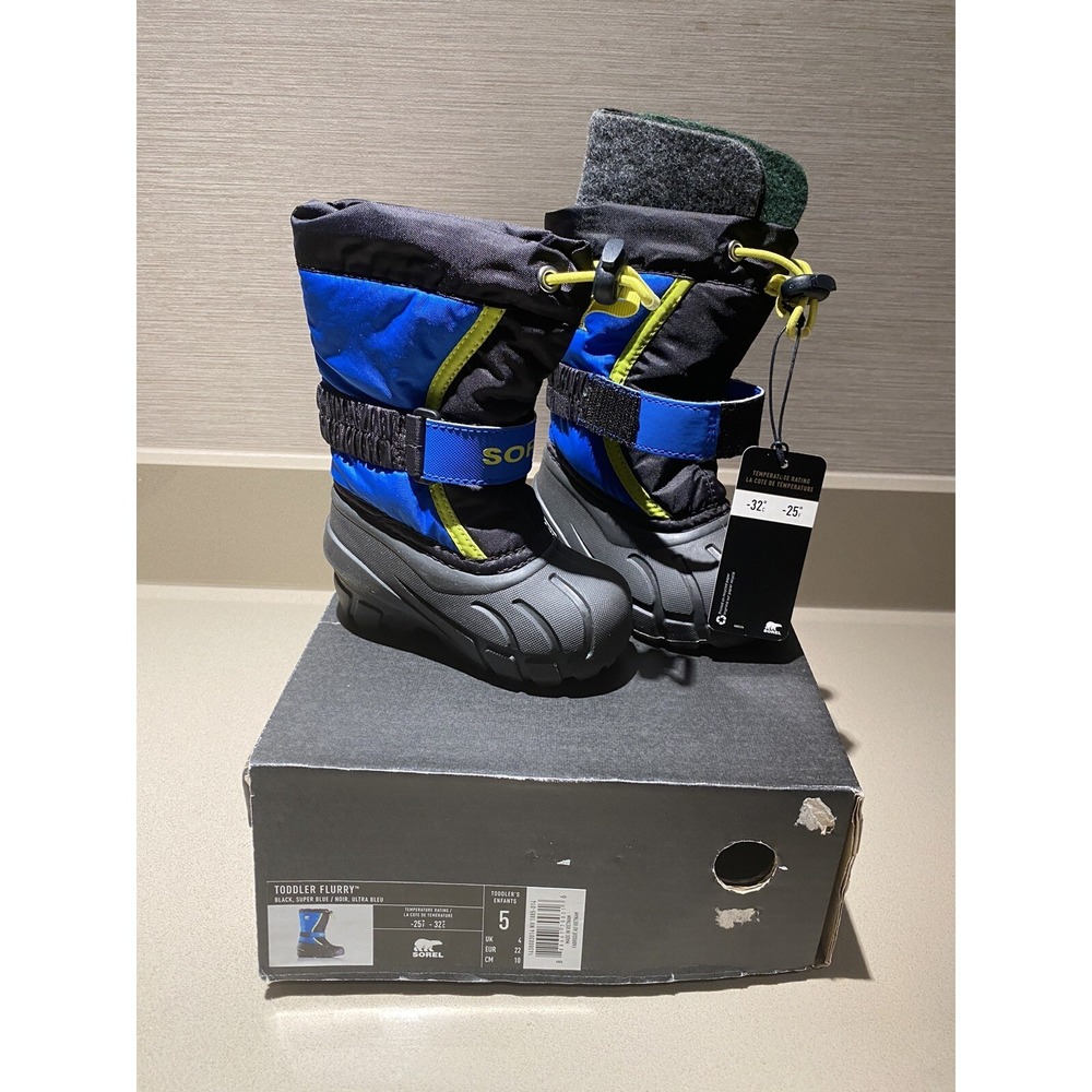 Sorel Toddler Flurry Black Super Blue Winter‎ Snow Boots Size 5 1855191014 NIB